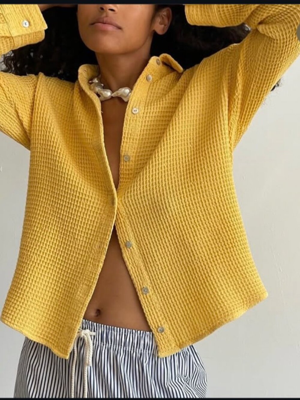 DONNI Waffle Button Down Shirt Yellow Small
